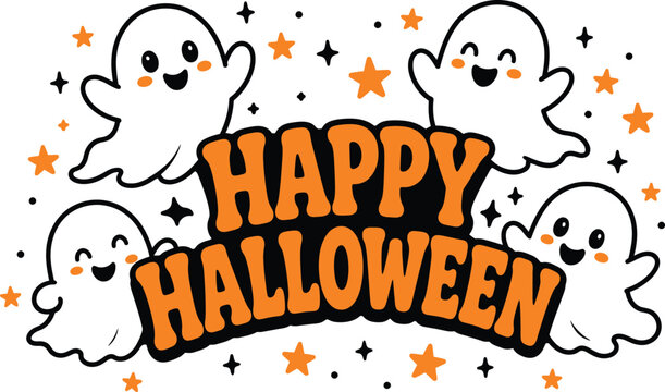 Happy halloween typography design with cute ghosts and orange stars on transparent background.