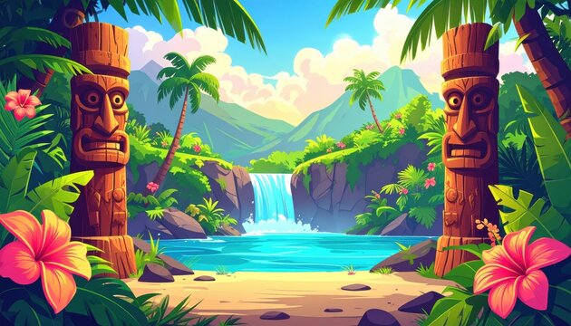 Tropical Island with Palm Trees and Birds in a Traditional Wooden Carved Sculpture Landscape, Exotic Nature and Cultural Art Concept