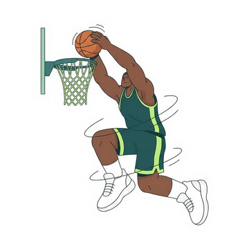 Basketball player dunking a ball into the hoop isolated on white background, illustration