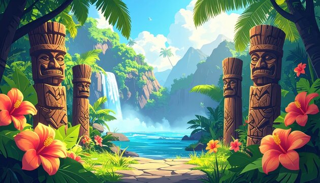 Tropical Island with Palm Trees and Birds in a Traditional Wooden Carved Sculpture Landscape, Exotic Nature and Cultural Art Concept