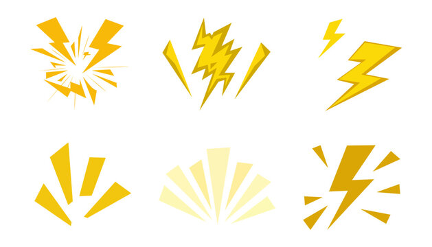 Thunderbolt Shock Cartoon Icons with Yellow Lightning Bursts, Electric Flash, Loud Sound and Comic Explosion Symbols, Vector Illustration