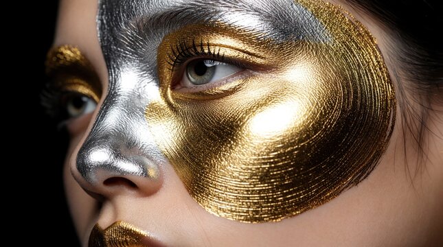 Close up portrait of woman with gold, silver metallic face paint. Creative makeup art covers skin with shiny textured strokes. Glamour fashion look features luxury cosmetic design on eyes, lips for