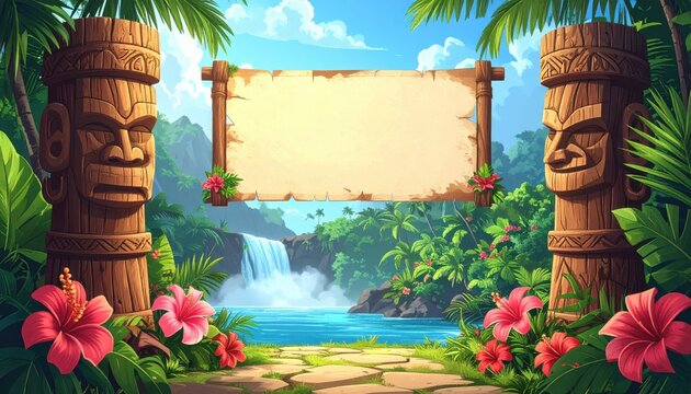 Tropical Island with Palm Trees and Birds in a Traditional Wooden Carved Sculpture Landscape, Exotic Nature and Cultural Art Concept
