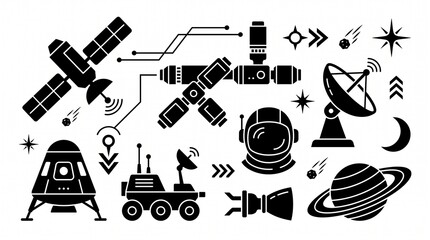 Minimalist space exploration icon set, black silhouette astronaut and satellite symbols, flat vector astronomy graphics for UI design © Ghulam