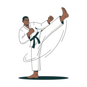 Man doing karate kick in white uniform isolated on white background, illustration