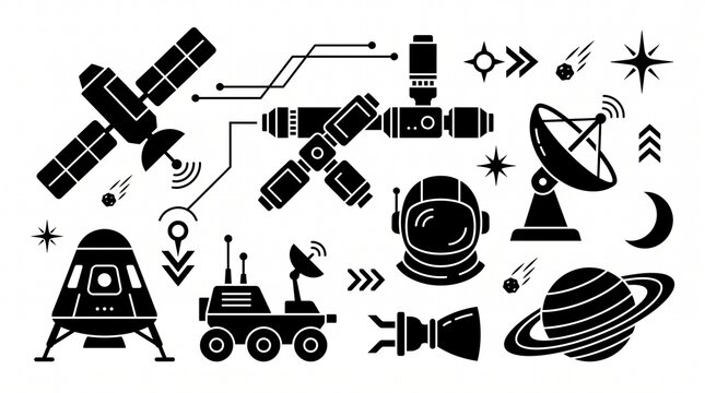 Minimalist space exploration icon set, black silhouette astronaut and satellite symbols, flat vector astronomy graphics for UI design