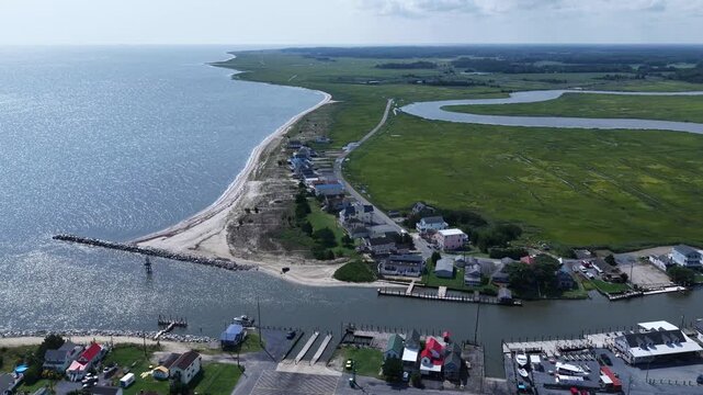 Residential Coastal Living Along Delaware coastline at Bowers Beach with tidal marshes and homes in small coastal community