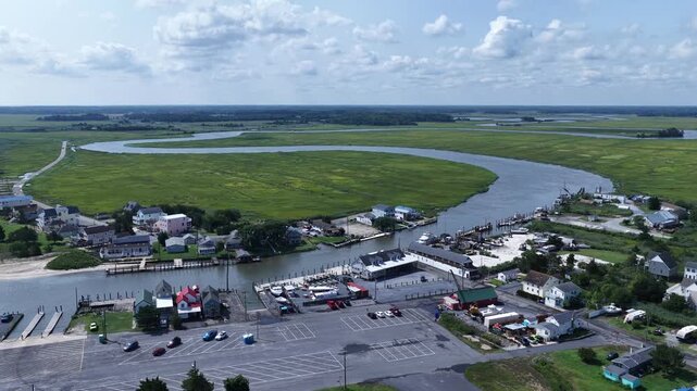 Residential Coastal Living Along Delaware coastline at Bowers Beach with tidal marshes and homes in small coastal community