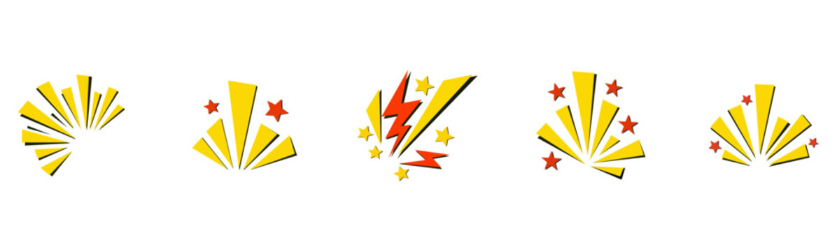 Retro Comic Book Explosion Vector Set with Yellow Sun Rays, Lightning Bolts and Starburst Elements for Action Scenes, Posters and Advertising