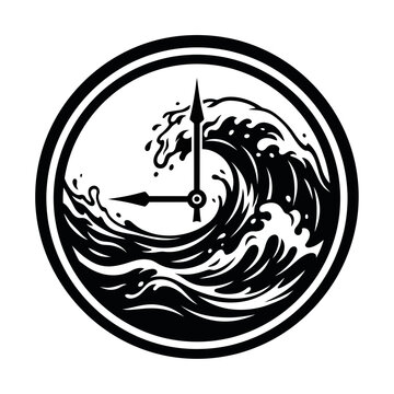 Vintage ocean wave clock vector icon, black and white sea wave timepiece logo, nautical time concept design vector