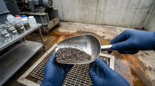 Scientist in blue nitrile gloves collecting a soil sediment sample using a metal scoop in an industrial laboratory setting