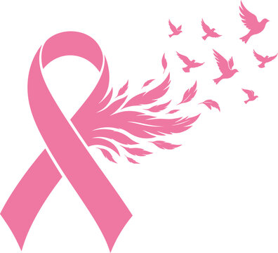 Pink breast cancer awareness ribbon with flying bird silhouettes and feathers for medical hope.