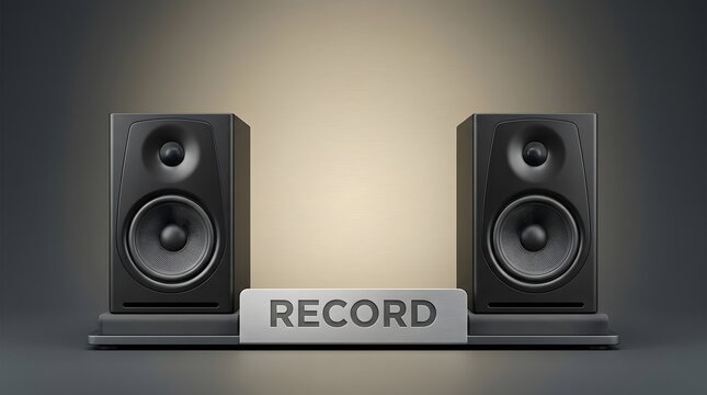 Studio speakers, recording and audio equipment for music production, podcasting and professional sound. Electronic monitor, hi-fi system and label on desk for broadcasting, media and performance musi