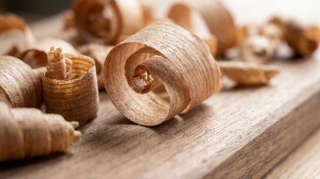 Wood shavings coiled on a wooden board, showing craftsmanship and the natural texture of carpentry work
