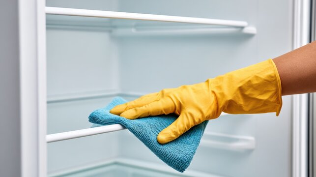 A person wearing a yellow glove cleans the inside of an empty refrigerator with a blue cloth.