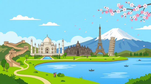 Panoramic world landmarks travel vector illustration featuring Eiffel Tower, Leaning Tower of Pisa, Taj Mahal, Borobudur, Great Wall of China, and Mount Fuji by a scenic lake in spring