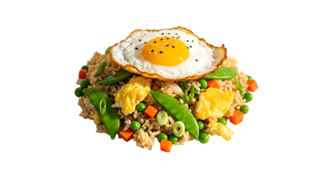 Delicious fried rice with a perfectly cooked sunny side up egg on top isolated on transparent background