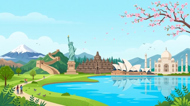 Panoramic world travel vector illustration featuring Statue of Liberty, Sydney Opera House, Taj Mahal, Borobudur Temple, Great Wall of China, and Mount Fuji by a lake with cherry blossom
