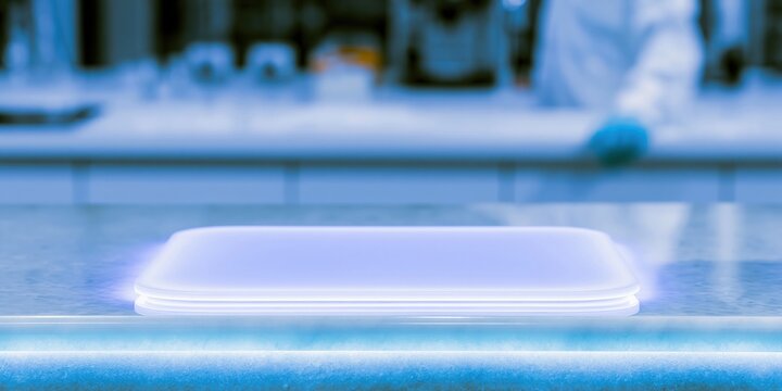 Grey limewash counter surface with a glowing blue platform, featuring a clean clinical atmosphere and copy space for a product mockup