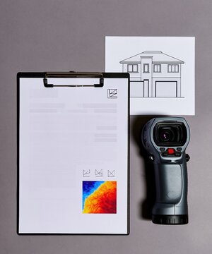 Clipboard with thermal report and building elevation sheet on a grey surface, featuring a technical inspection layout with copy space for energy audit services