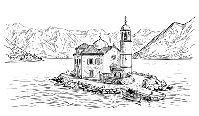 Fototapeta premium Island Church Landscape Sketch, Hand Drawn Vector Illustration of Historic Chapel Bay and Mountain Scenery in Montenegro Style