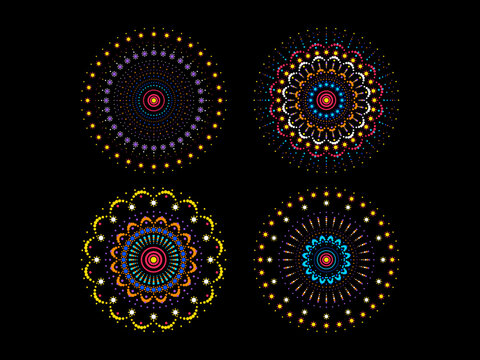 Set of four colorful circular mandala patterns with dotted ornamental design isolated on black background