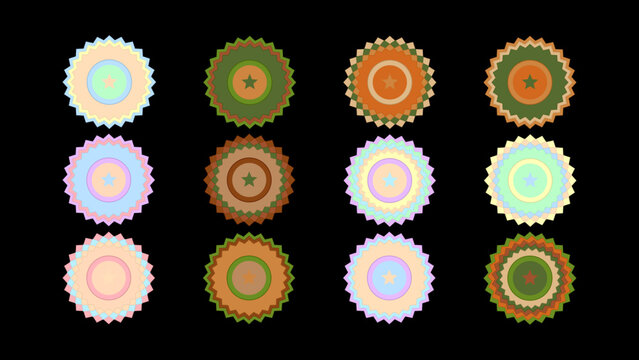 Set of twelve colorful circular mandala patterns with dotted ornamental design isolated on black background