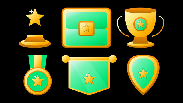 Set of six green and gold trophy badges with star medal and cup icons isolated on black background for award design