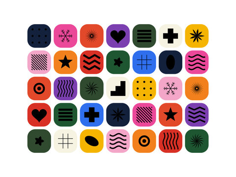 Thirty colorful minimal geometric shapes with heart star flower and wavy lines in square tiles for textile design
