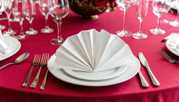Christmas Table Setting with Elegant Place Settings, Festive Decorations, Dinner Plates, Cutlery, Glassware and Napkins for a Holiday Celebration