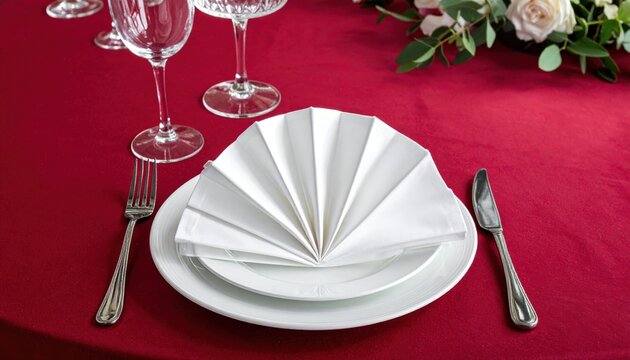 Christmas Table Setting with Elegant Place Settings, Festive Decorations, Dinner Plates, Cutlery, Glassware and Napkins for a Holiday Celebration