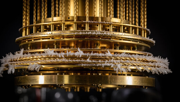 Gold chandelier close up layered structure quantum computer intricate detail metallic circular frame crystal frost technology laboratory