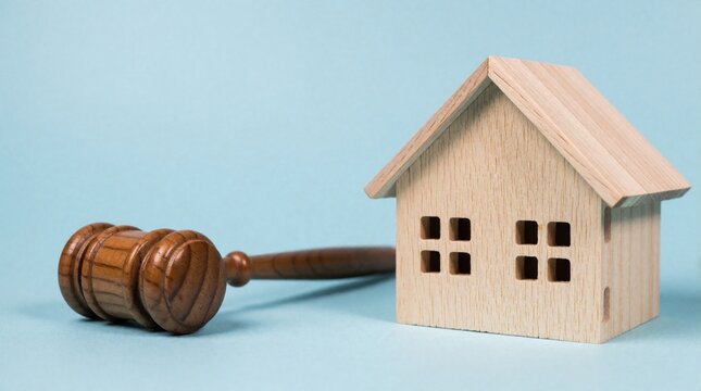 Wooden gavel, small house model on blue background. Legal concept of property law, real estate auction, court decision regarding home ownership. Judge mallet symbol for justice, mortgage regulation,