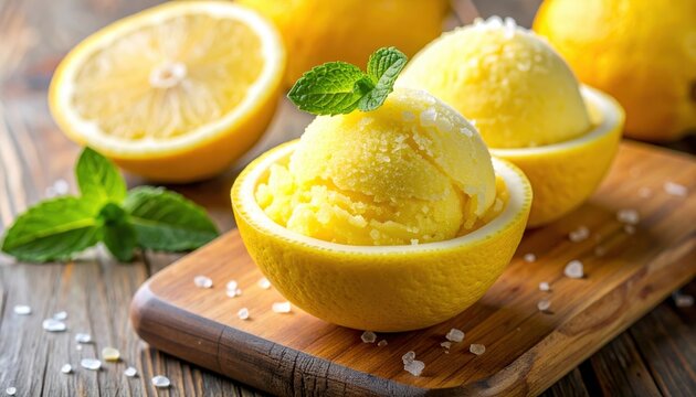 Lemon and Mint Ice Cream with Fresh Lemon Slices, Refreshing Citrus Dessert with Juicy Yellow Lemon and Green Mint Leaves, Isolated on White Background