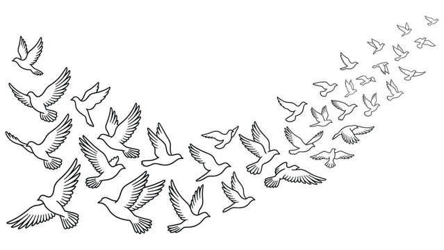 Flock of pigeons flying high in sky as symbol of peace and hope.