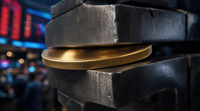 Gold coin clamp pressure bend metal macro squeeze currency finance stress, large gold coin caught between black metal clamp plates, slightly bent edge, dramatic market background blur