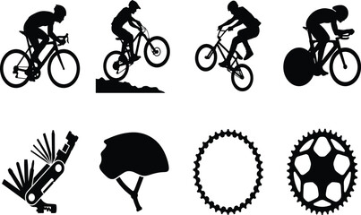 Fototapeta premium Set of cycling silhouettes including cyclists mountain bike helmet multitool and chain vector illustrations