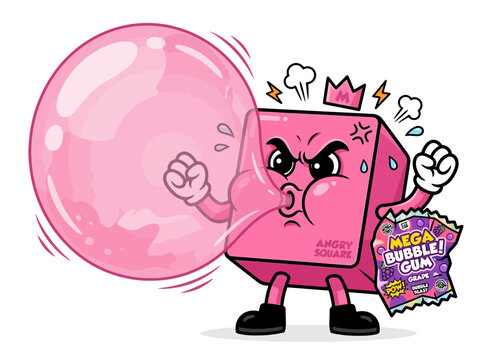 Frustrated square shaped candy character blowing a massive pink sphere of chewing gum while wearing a small crown and clenching fists in a funny cartoon style representation of intense sweet
