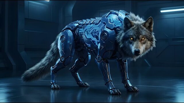 Futuristic Cybernetic Mech Wolf Standing Prepared Inside Sci Fi Hangar Facility