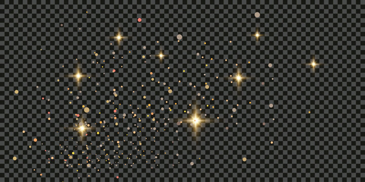 Gold glittering dust with stars on transparent backdrop