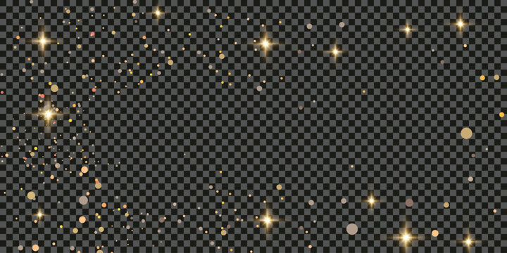 Gold glittering dust with stars on transparent backdrop