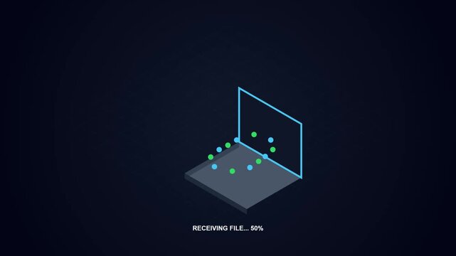 Isometric laptop with glowing data visualization on dark background.