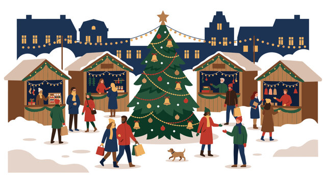 Festive christmas market scene with people shopping in snow town.