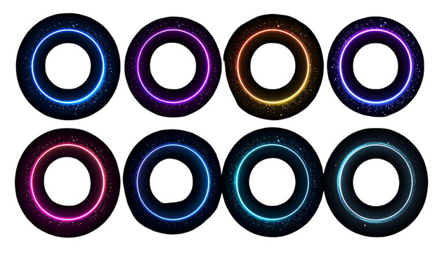 Collection of eight neon-lit glowing circles in diverse vibrant colors, radiating a subtle sparkle effect on a black background