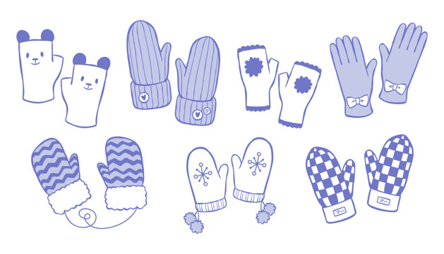 Hand-drawn vector line art collection of winter gloves and mittens. Clip art of seasonal accessory set isolated on white background. Fingerless gloves and knitted mittens with different patterns.