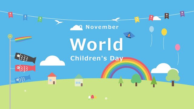 World Childrens Day vector banner design with rainbow, green landscape, kites, and playful elements
