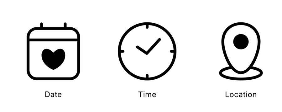Date time and location icon set template. Calendar with heart clock map pin marker, love save the date event vector and PNG transparent illustration