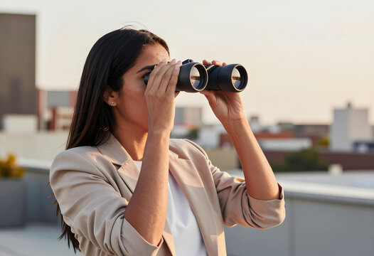 Future vision and business strategy, woman looking through binoculars on a rooftop with urban background at sunset