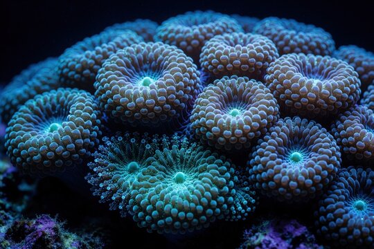 Close up of glowing blue and green coral polyps pulsing underwater in dark abyss. Tiny anemone like creatures form intricate patterns on seabed, creating alien marine world.