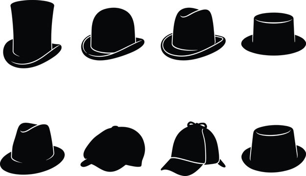Classic Mens Hat Vector Icon Set Featuring Top Hat Fedora Bowler and Flat Cap Silhouettes